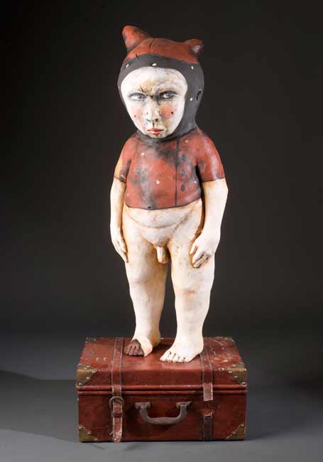 James-Tisdale-7224 figurative ceramic clay sculpture, little boy in red costume
