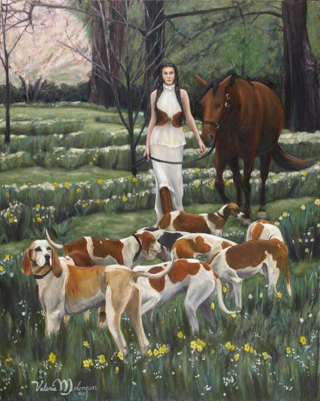 Valerie-Melancon-Old-Friends, figurative painting woman, horse and hounds