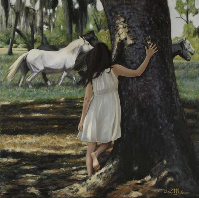 Valerie-Melancon-Summer-Wind, figurative painting girl and horse in forest